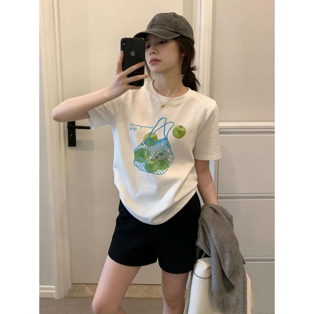 Korean green apple printed T-shirt women's summer loose bottoming shirt comfortable pure cotton inner top slack short sleeve