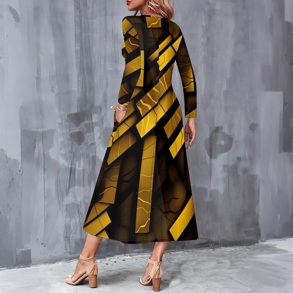Women Plus Size V Neck Long Sleeve Leopard Print Pockets A Line Midi Dress