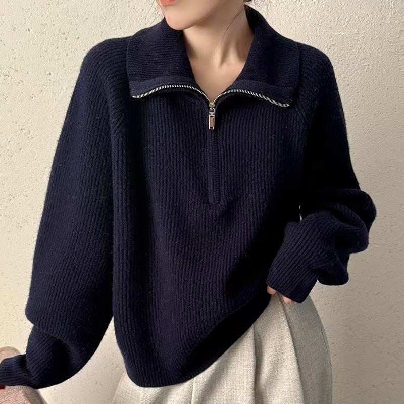 Open Zipper Turtleneck All-wool Knitted Sweater Top Women's Lazy Fashion Age-reducing Loose and Thin Sweater