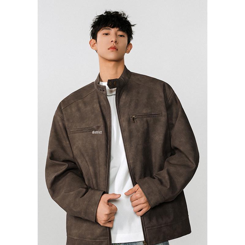 Winter 2026 Stand Collar Tie-Dye Leather Bomber Jacket - Loose Fit High Street Style M кофейный