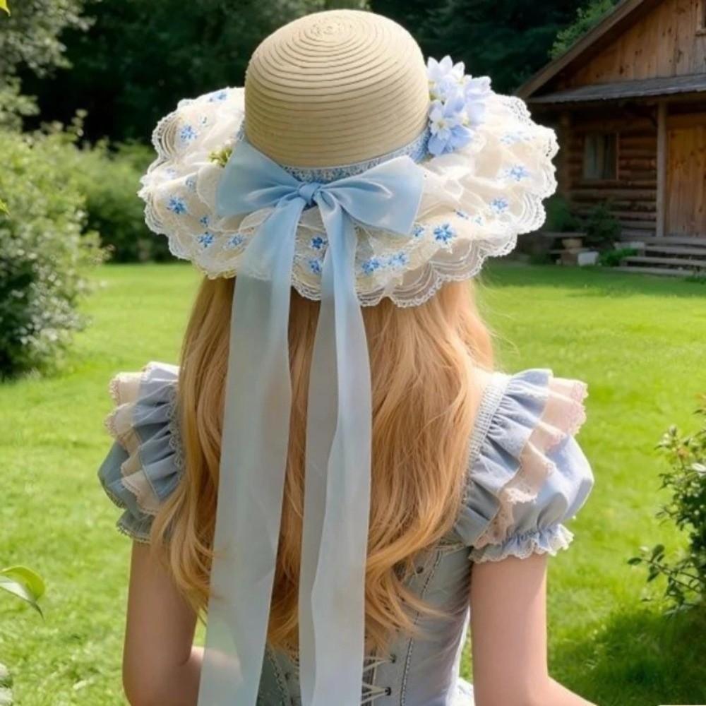 Breathable Lace Brim Sunshade Cap Elegant Outdoor Beach Hat Woman's Straw Hat Casual Wear