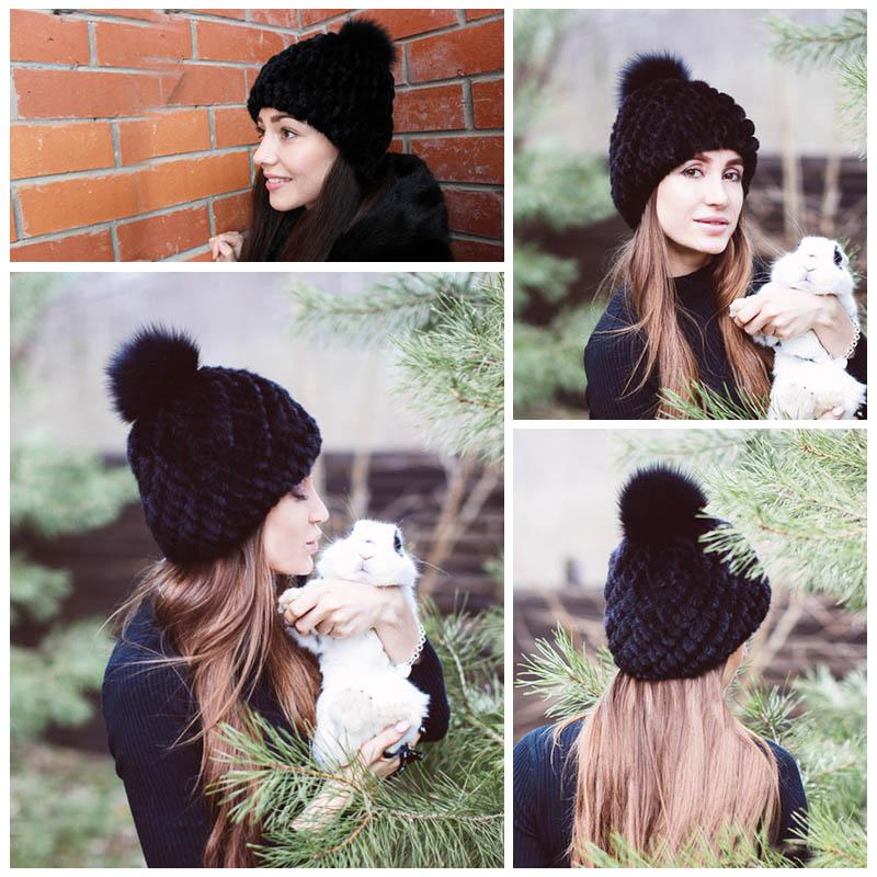 Women Winter Real Mink Fur Beanie Hat With Sliver Fox Pompom Warm Woven Knit Lined Caps Female Fashion Winter Hat