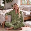 Women's Printed Pajama Set Long Sleeve V-Neck Button-Up Top and Pants with Pockets for Loungewear