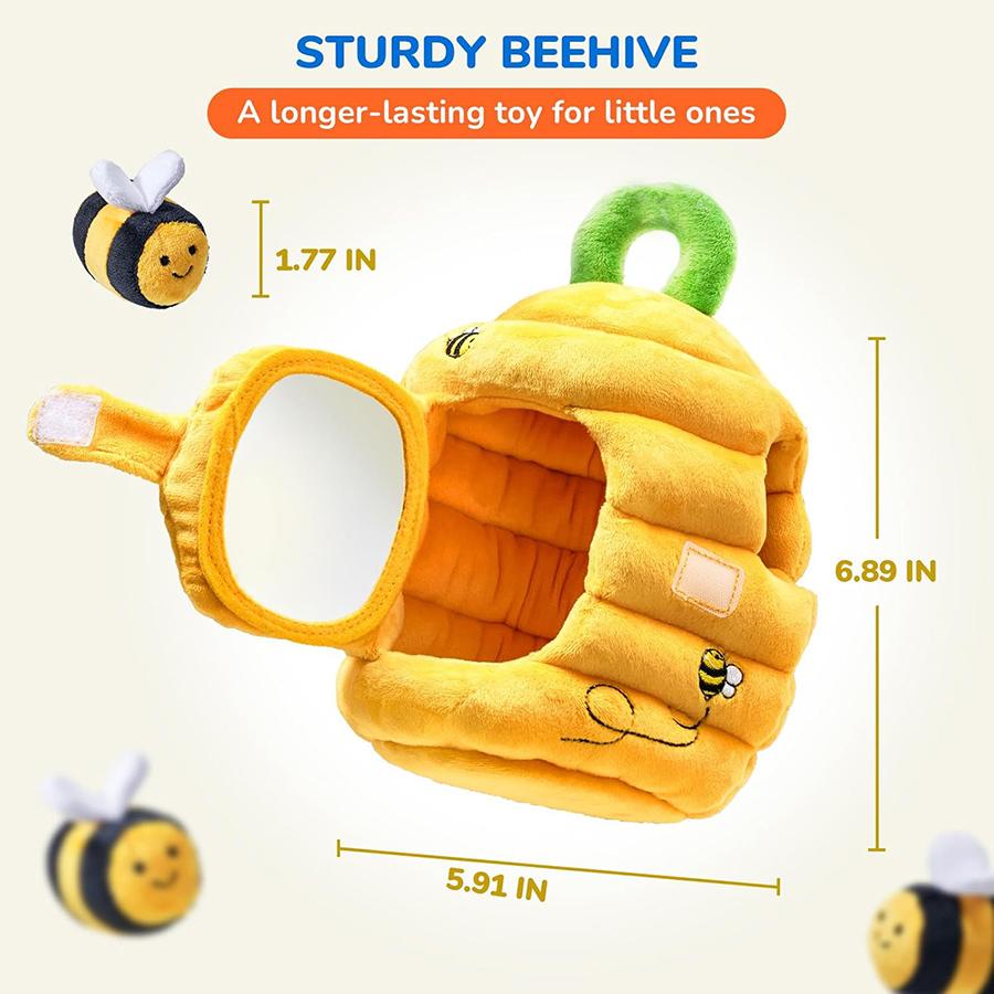 Baby Toys 6-12 Months Soft Baby Beehive with 5 Sensory Bee Rattle Mirror Crinkle Squeaker Busy Montessori Soft Toy for Toddlers