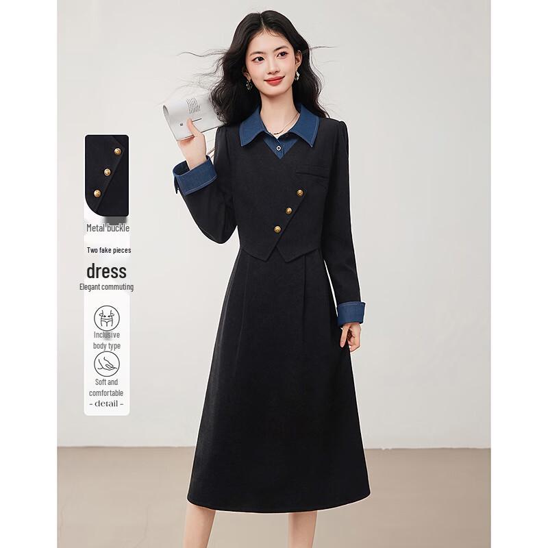 

Si Shui Nian Hua Metal Buckle Faux Two-Piece Dress S