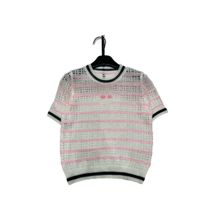 Xiangjia Pink Embroidered Hollow Knit Short Sleeve Age-Reducing Summer Top