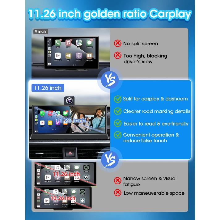 11.26 inch ADAS Car DVR 4K Dash cam Wireless Carplay Android Auto Bluetooth Dashboard Video Recorder Siri Voice Control FM AUX