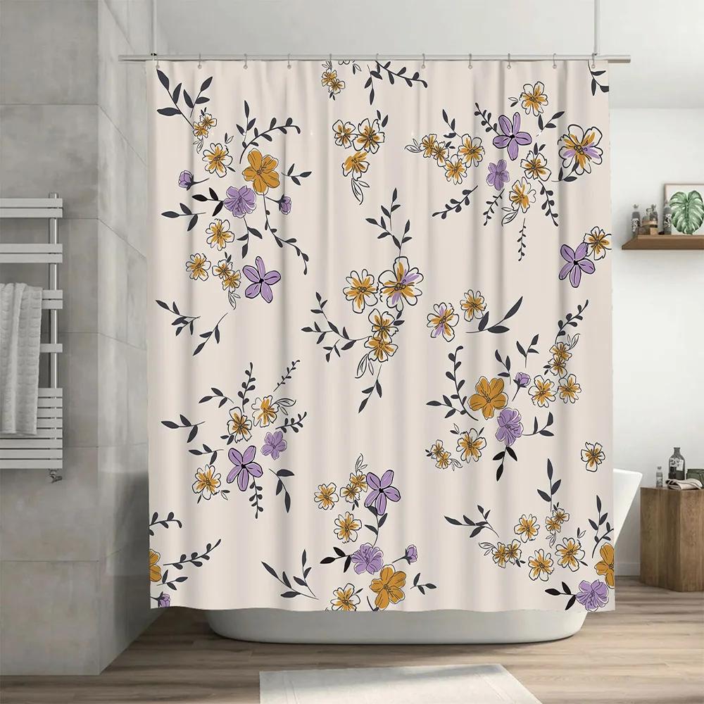 Vintage Floral Shower Curtain Decorative Bath Curtains for Bathroom Decoration Purple Yellow Flower Printed Fabric Waterproof Li