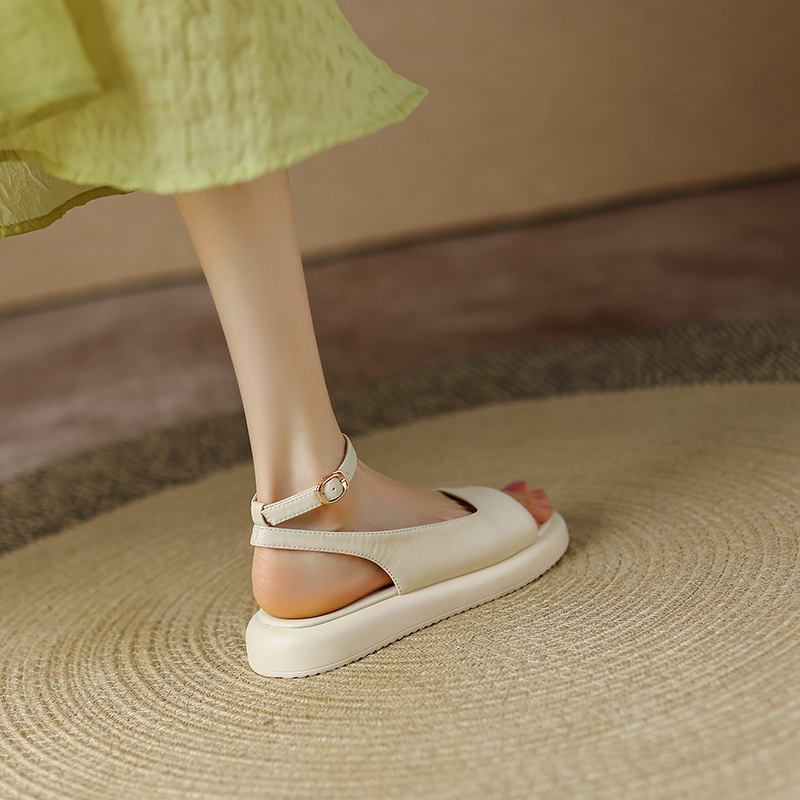 Krazing Pot Microfibră Peep Toe Tocuri joase Vară Platformă Plată Glezna Cataramă Femei Sandale de agrement