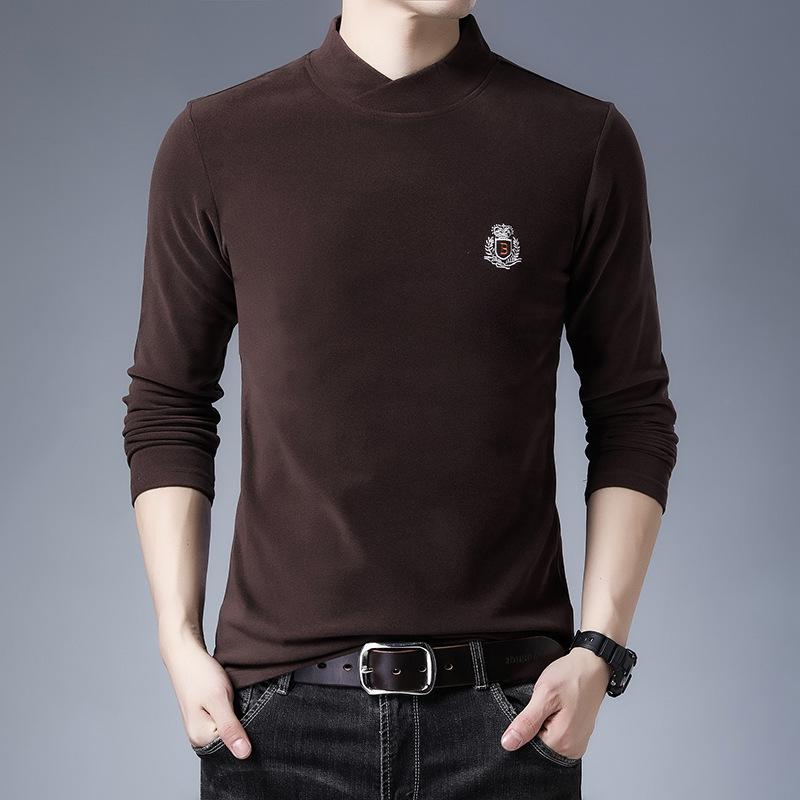 Spring and Autumn Double-sided Velvet Young and Middle-aged Solid Color Embroidered Stand Collar T-shirt Long-sleeved Fashion Men