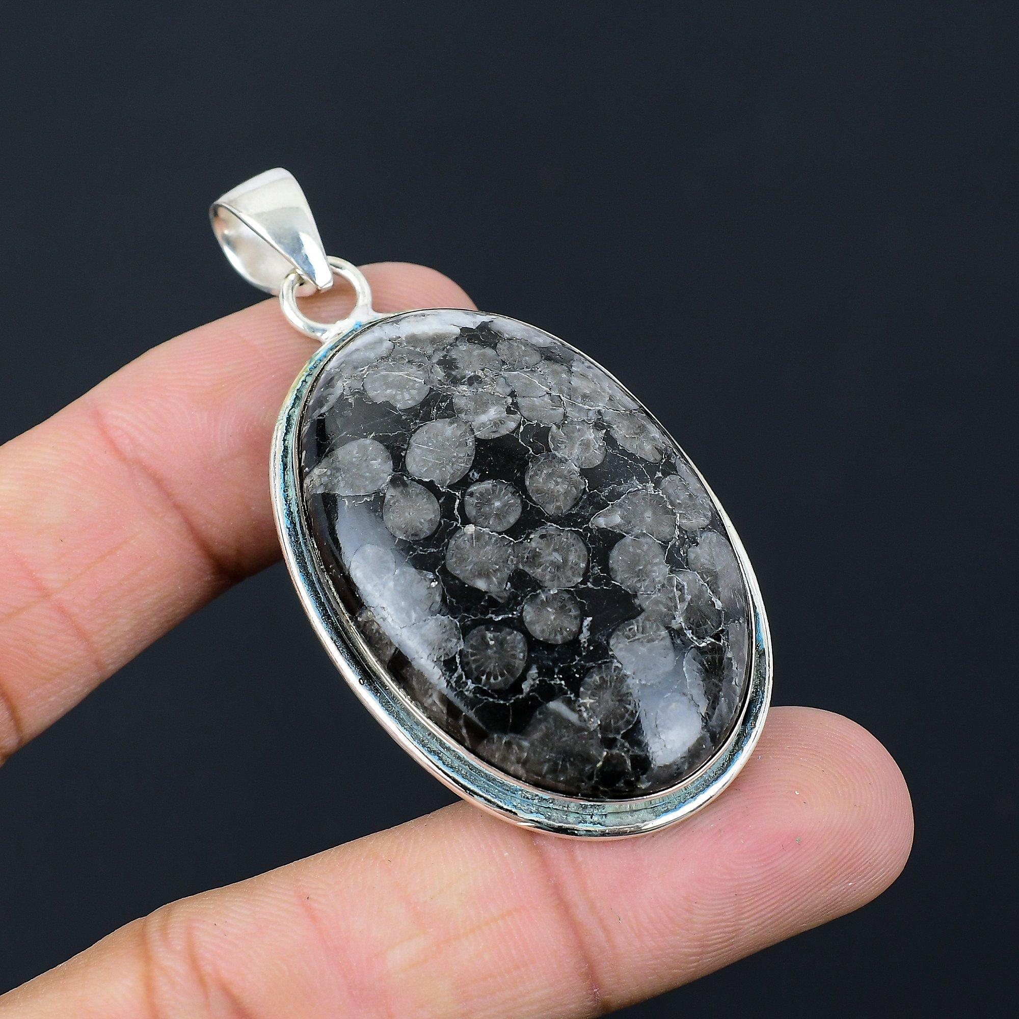 Friendship Day Sale 925 Silver Oval Black Fossil Coral Gemstone Mother Pendant