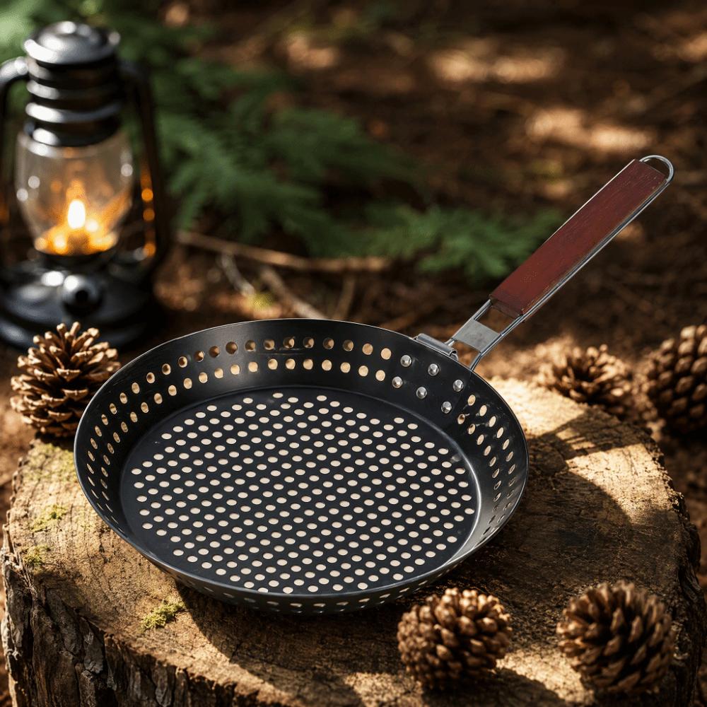 Wooden Handle BBQ Grilling Pan Folding Barbecue Plate Outdoor Grill Topper Kitchen Roasting