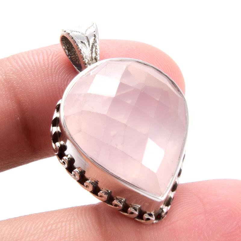 Natural Rose Quartz Gemstone 925 Solid Sterling Silver Jewelry Pendant 1.3" Z5T19