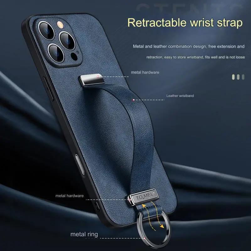 Elegant Wristband Leather Case For iPhone 17 Air 16 Pro Max 15 Plus Streatchable Stand Cover Elegant Business Finger Ring