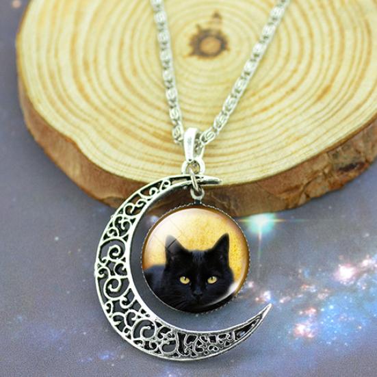 Bijuterii colier cu pandantiv din sticlă pisică neagră cu semilună goală pentru femei