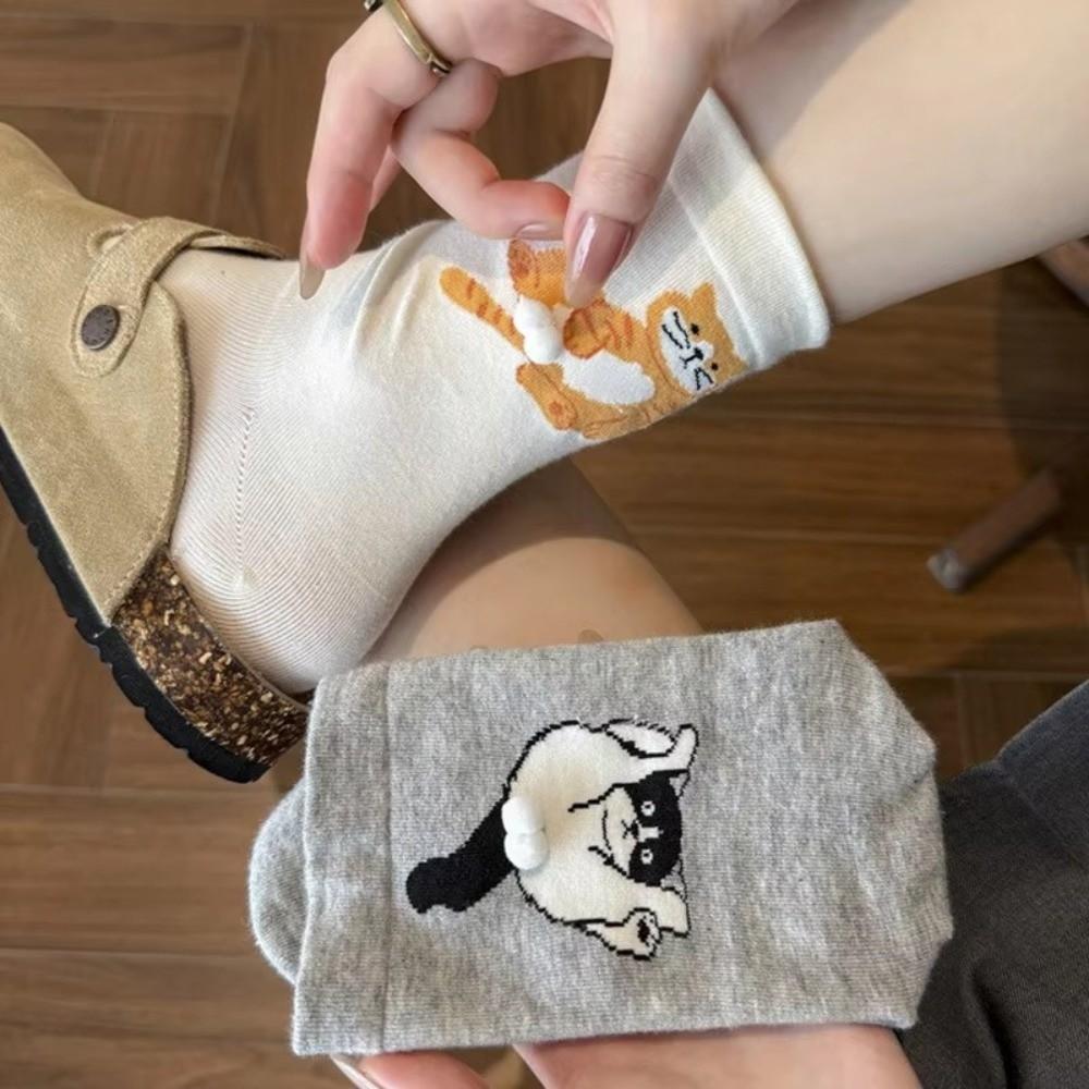 Small Ball 3D Cat Socks Soft Cotton Socks Cute Creative Mid Calf Socks  Daily Wear