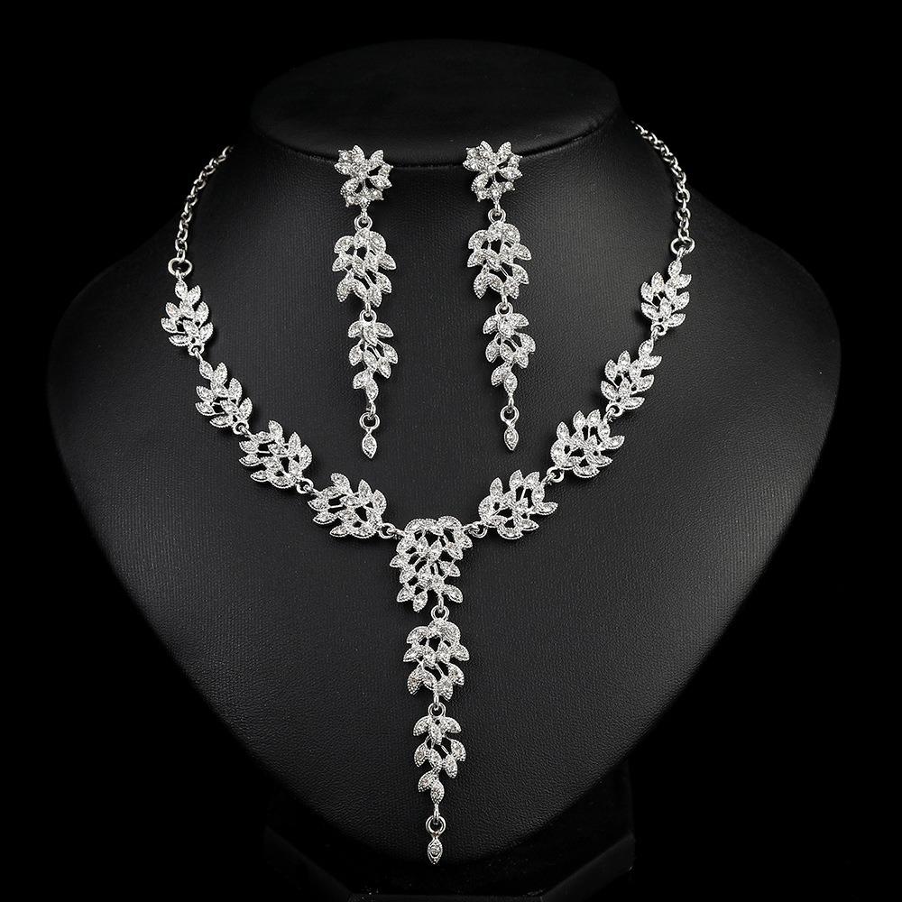 

3pcs High-end Minimalist Style Necklaces Earrings Zircon Set Elegant Temperament Bridal Wedding Gown Crystal Decoration 48cm мідний