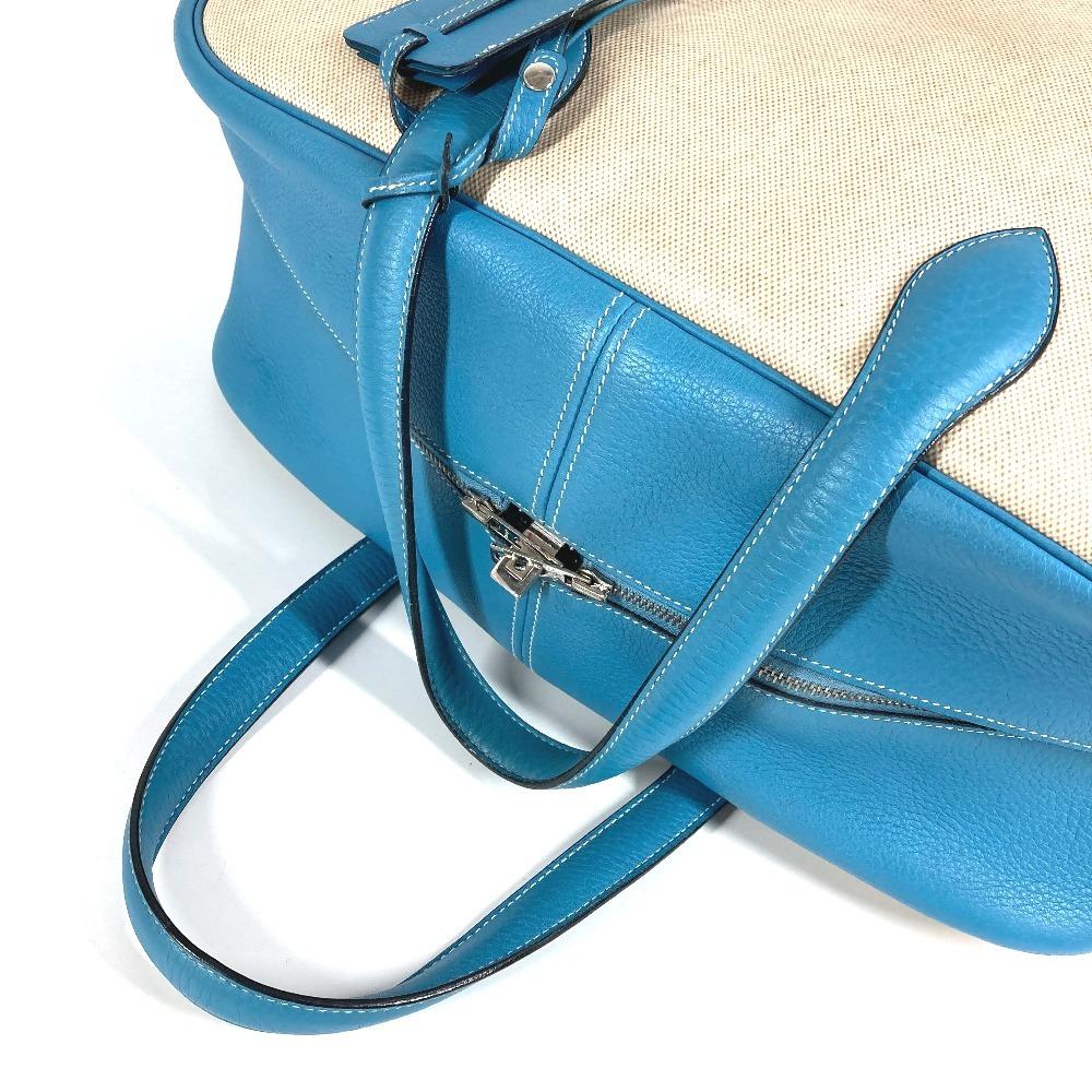 HERMES Victoria 43 Boston Bag Hand Bag Toile H / Leather Blue gene blue/Beige