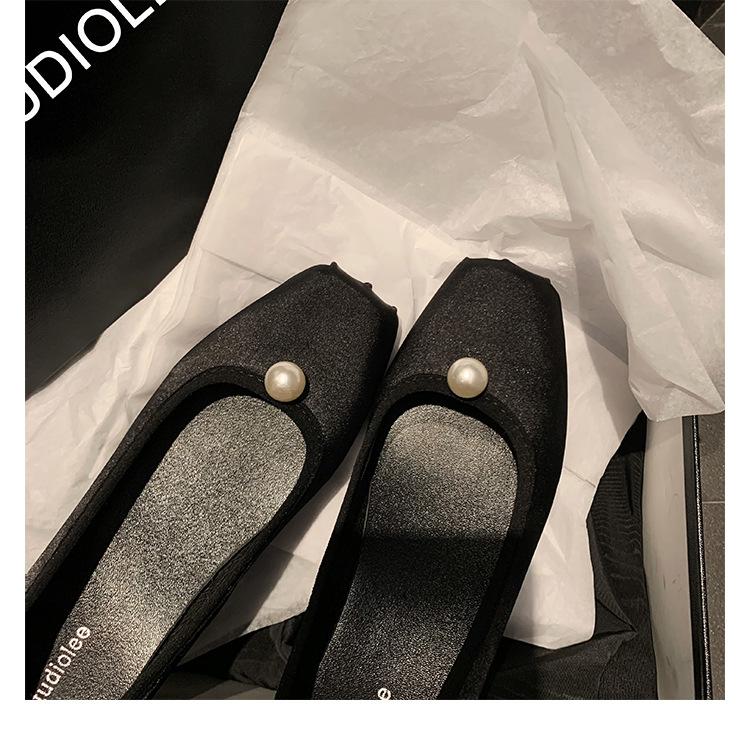 Grape Mother Studiee New Satin Pearl Square Head Temperament Versatile Shallow Mouth Ballet Flat Shoes Women