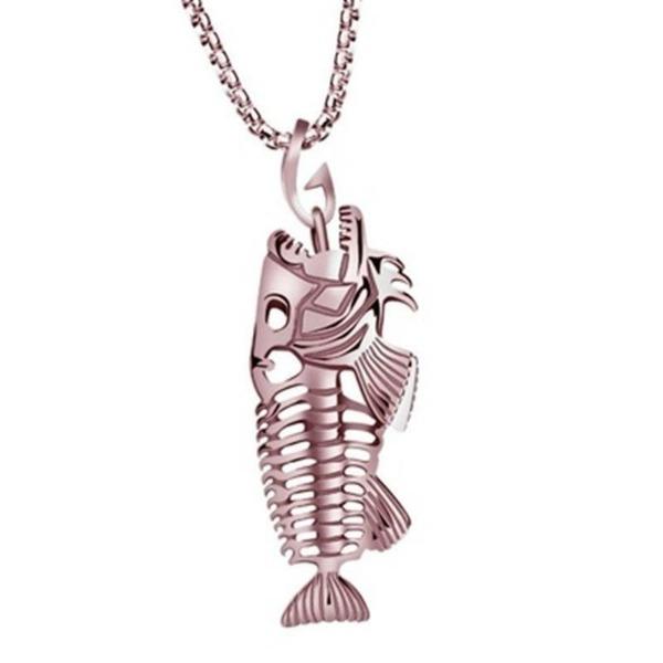 Fish Bone Fish Skeleton Pendant Surfer Chain Necklace Gold Black Unisex Jewellery