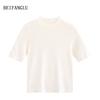 Northern Deer Women's Fine Wool Knit Short Sleeve T-Shirt with Half-High Collar