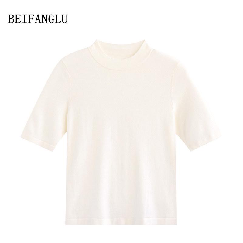 Northern Deer Women's Fine Wool Knit Short Sleeve T-Shirt with Half-High Collar