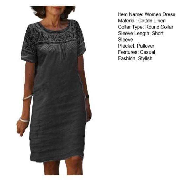 Summer Women Casual Loose Cotton Linen Mini Dress Short Sleeve Round Neck Lace Sundress Beach Short Dresses