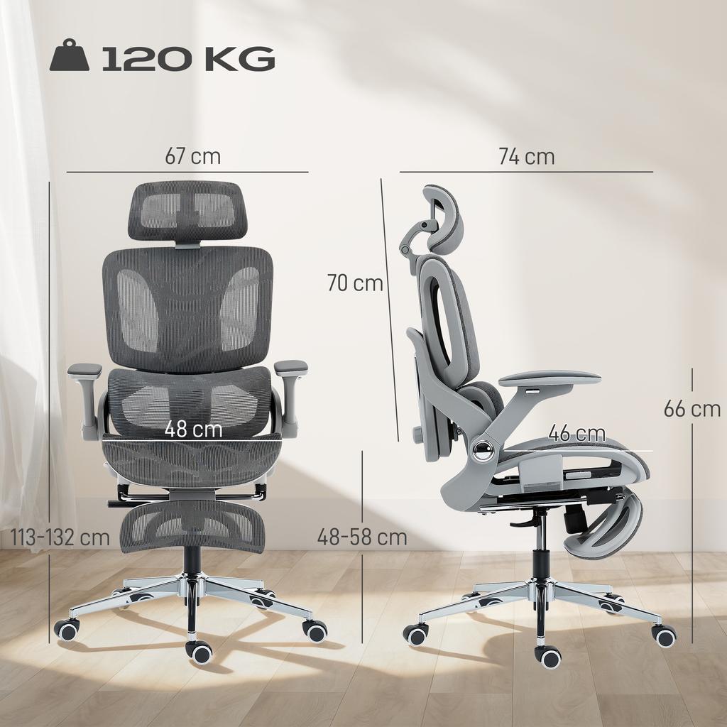 Office Chair, Ergonomic, 4D Armrests, Adjustable Headrest and Seat Depth, Grey Mesh