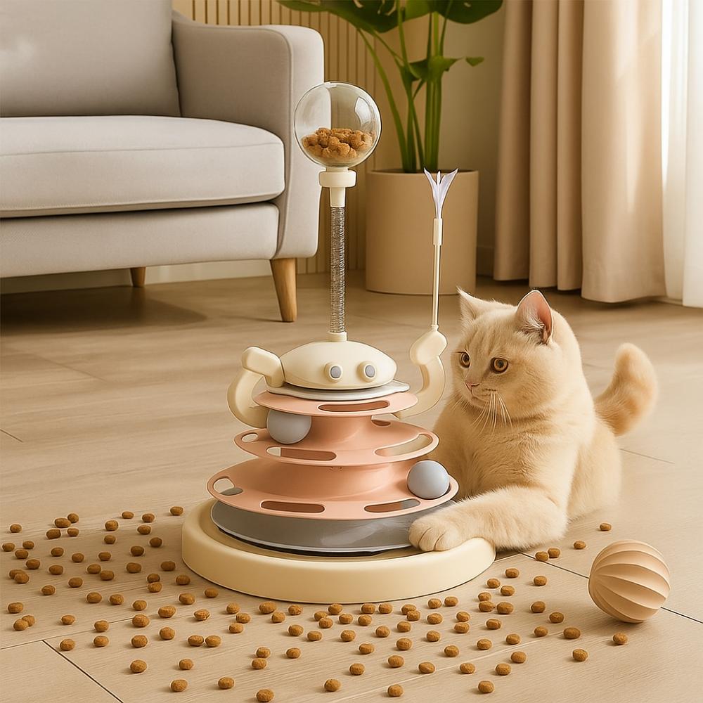 4 Levels Cat Ball Track Toy Rotating Anti-slip Cat Turntable Toy Detachable Wear-resistant Pet Puzzle Training Toy Multi-Cat