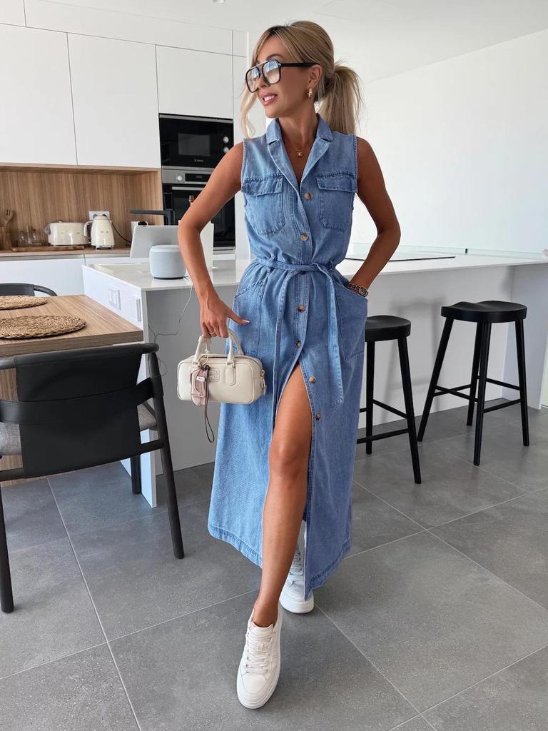 European & American Style Sleeveless Tie-Waist Denim Dress