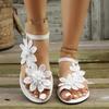 Women's Summer Flat Sandals Slip On Toe Loop Elastic Band Casual Outdoor Beach Footwear with Floral Applique Design