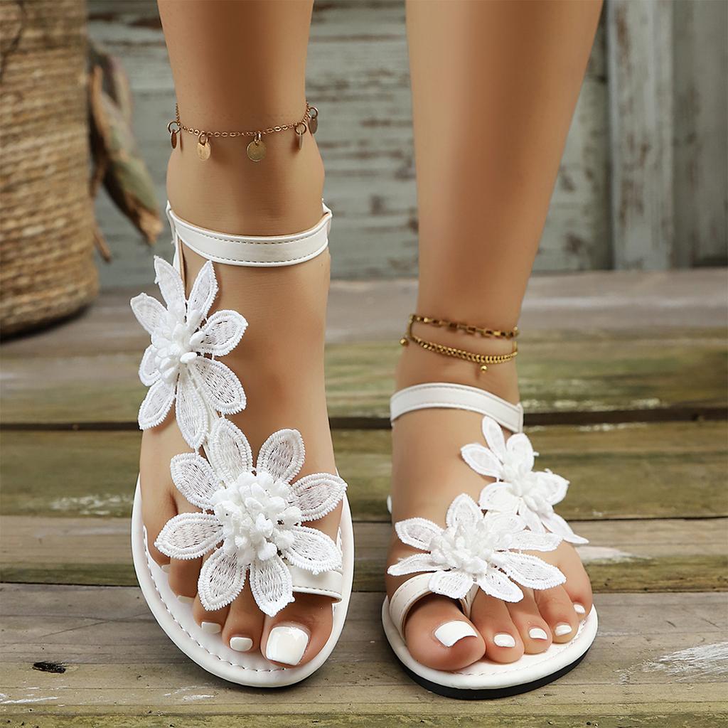 Women's Summer Flat Sandals Slip On Toe Loop Elastic Band Casual Outdoor Beach Footwear with Floral Applique Design