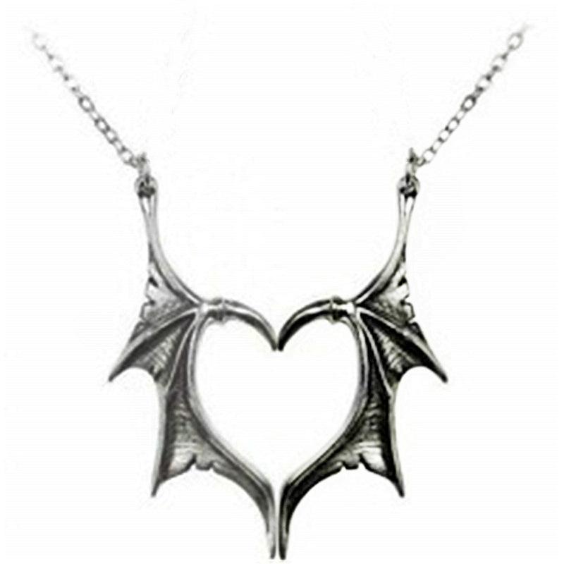 Retro Gothic Cross Demon Bat Wings Heart Necklace for Couples