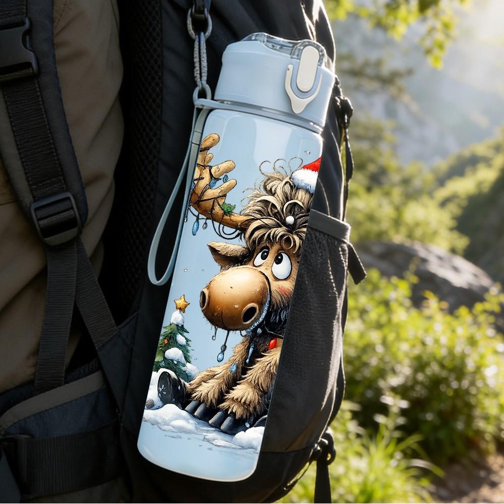1PC Christmas Moose Reindeer Cartoon Art 750ml Color Plastic Sports Water Bottle Leakproof Flip Straw Lid Suitable for Sports Office Home Use