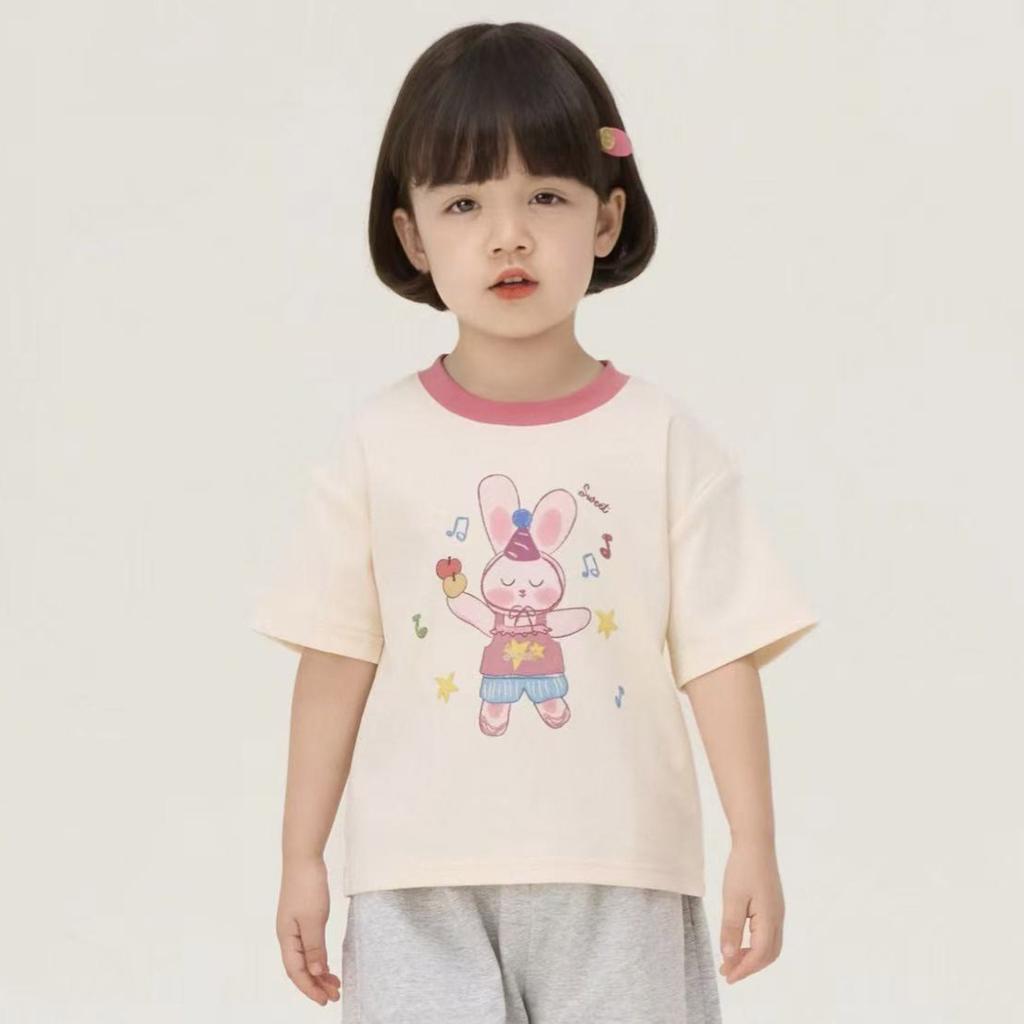 Girls Sweet Cartoon Print Short Sleeve T Shirt Summer Block Round Neck Cute Baby Top