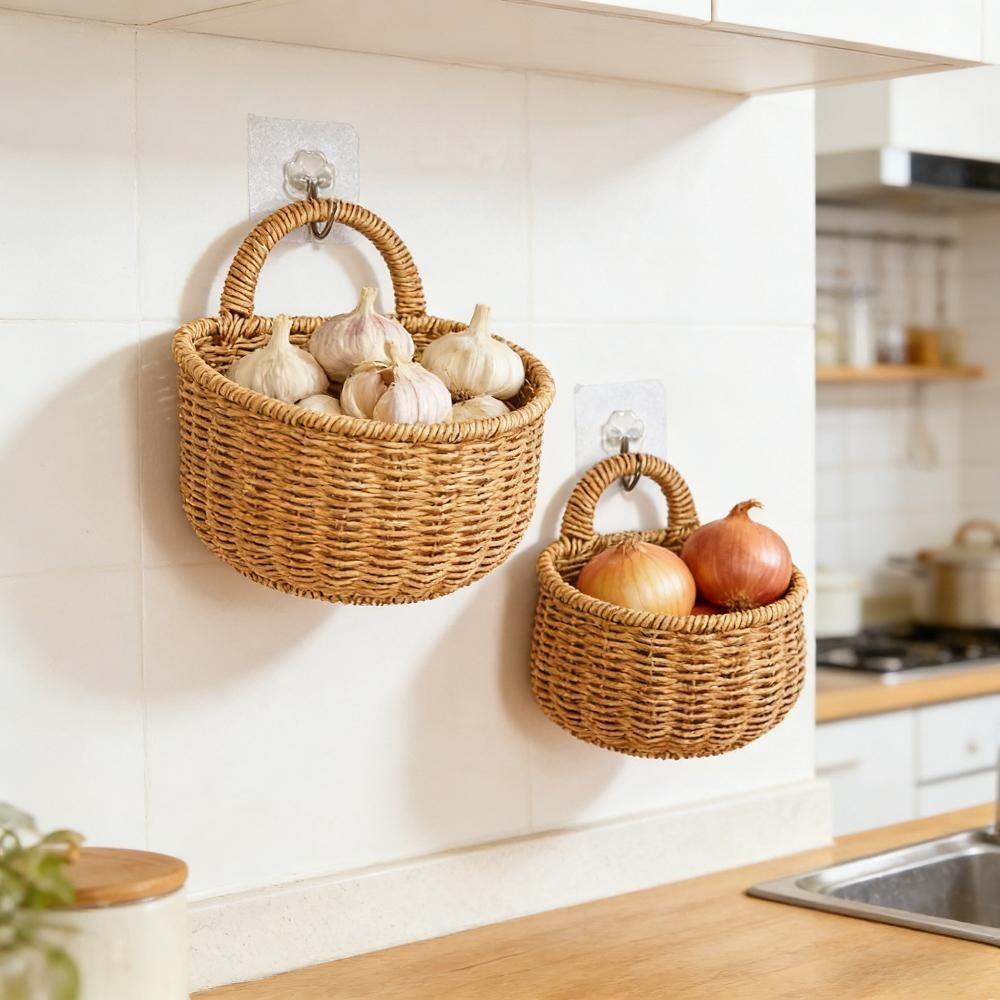 Handwoven Rattan Wall Hanging Basket - Wicker Storage Organizer for Kitchen, Bathroom & Home, Hanging Fruit Basket with Handle