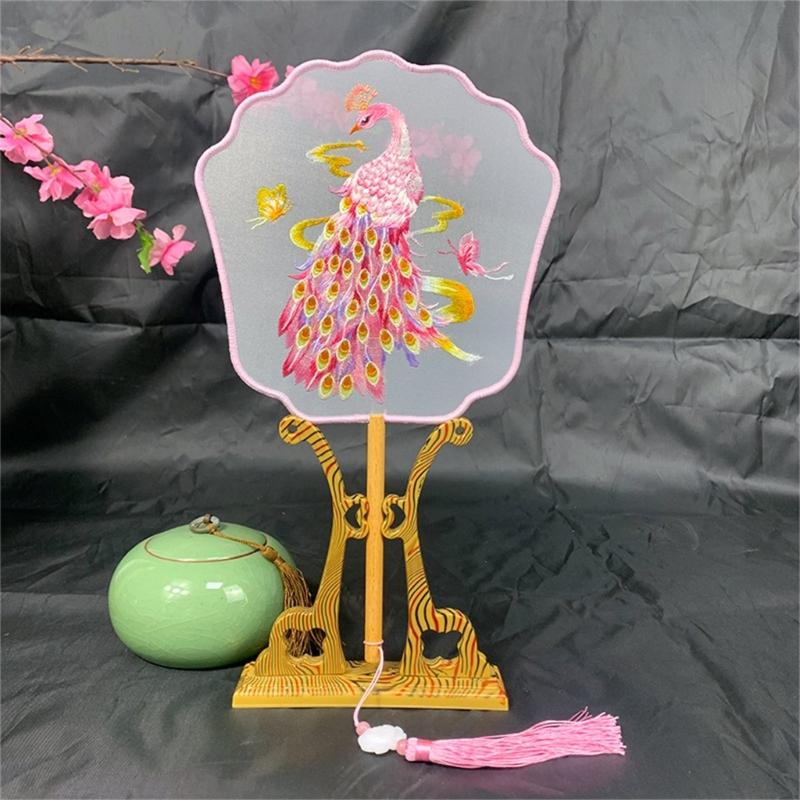 Chinese Styles Ancient Embroidery Fan Decorations Long Handle Tassels Double Side Hand Fan for Womens Girl Performances