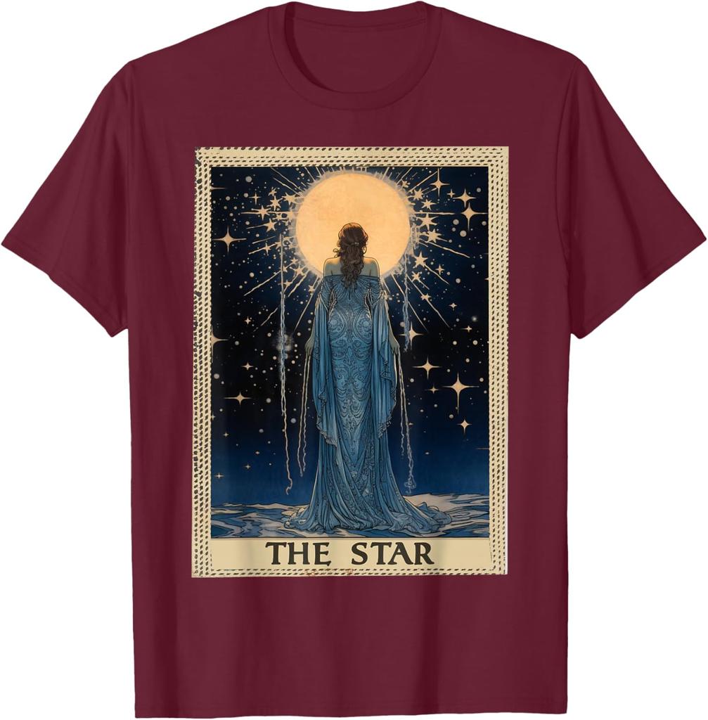 Das Stern Tarotkarten Grafik-T-Shirt Vintage-Stil Astrologie Himmlischer Druck Herren Kurzarm-T-Shirt