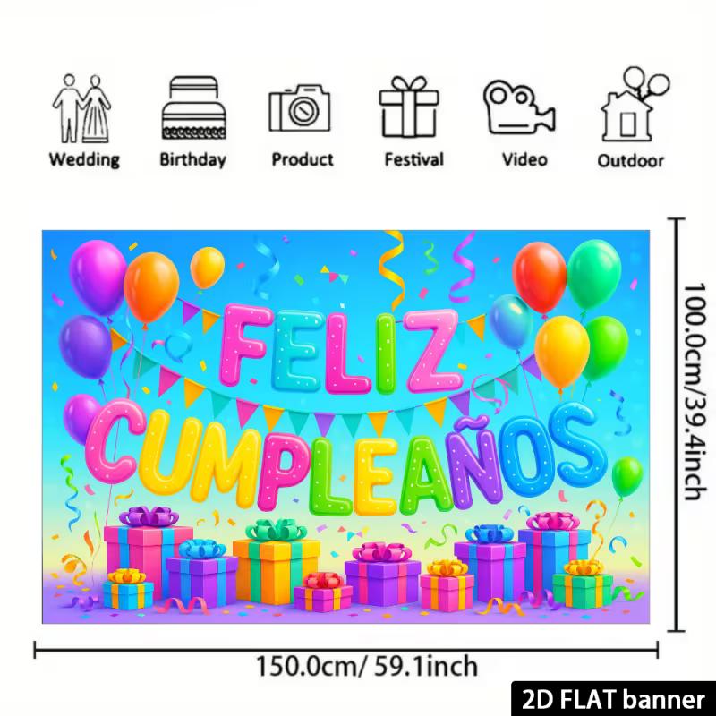 Bright Feliz Cumpleaños Tapestry, 2D Flat Printed with Multicolor Balloons and Gift Boxes for Photo Booth