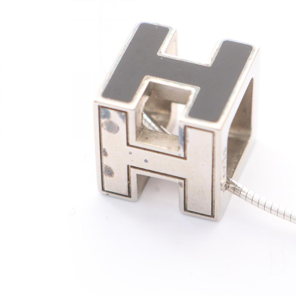 Used HERMES Cardue Ash H-cube Necklace Stainless Steel Silver Black Used