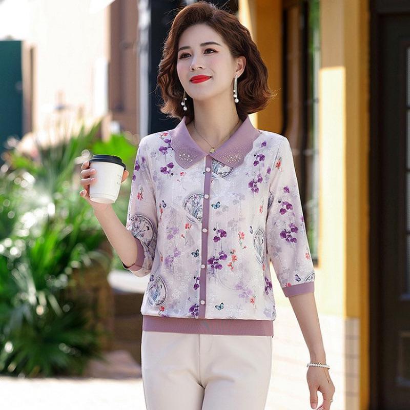 2026 Spring New Mother's Seven-Sleeve Ice Silk T-Shirt for Middle-Aged & Elderly Women - Spring/Summer Fashion Lapel Top