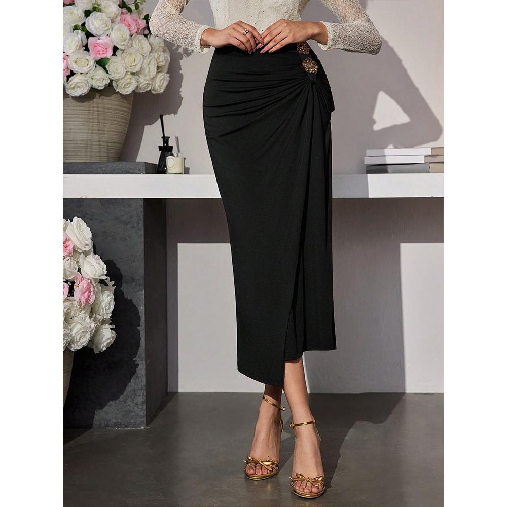 Falda Larga Fluida de Color Sólido con Fruncidos de Moda para Mujer