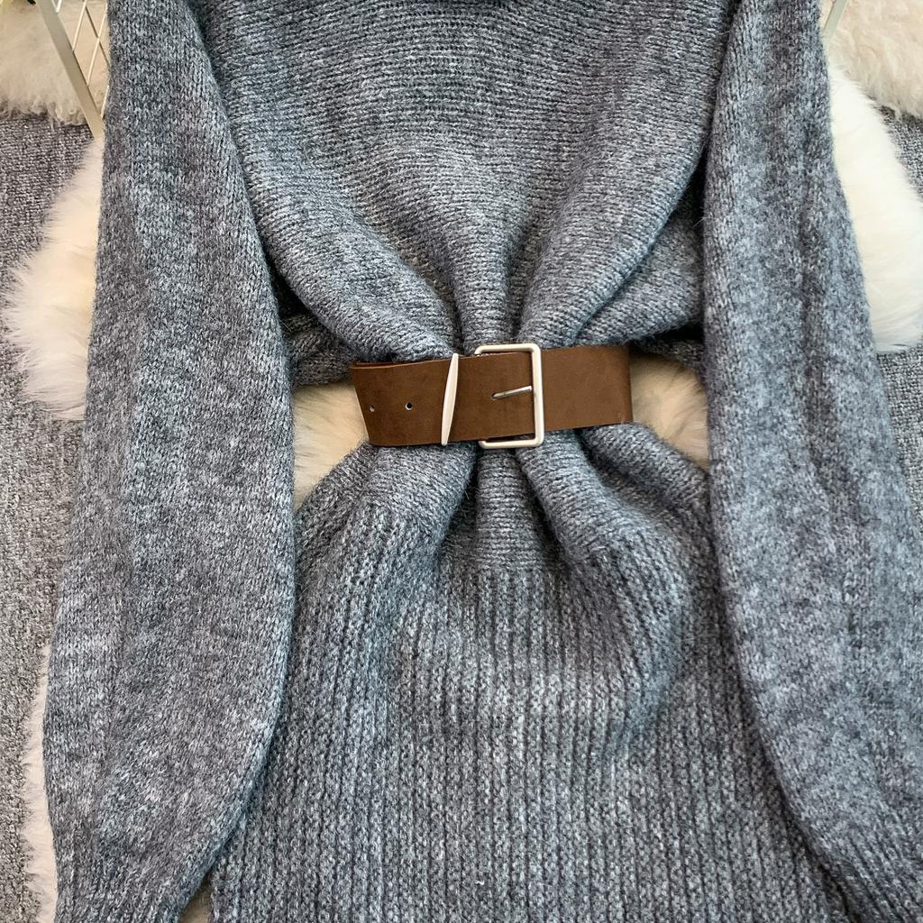 Autumn Winter Women Elegant O-neck Knitted Sweater Chic Mini Short Straight Pullover Dresses with Belt