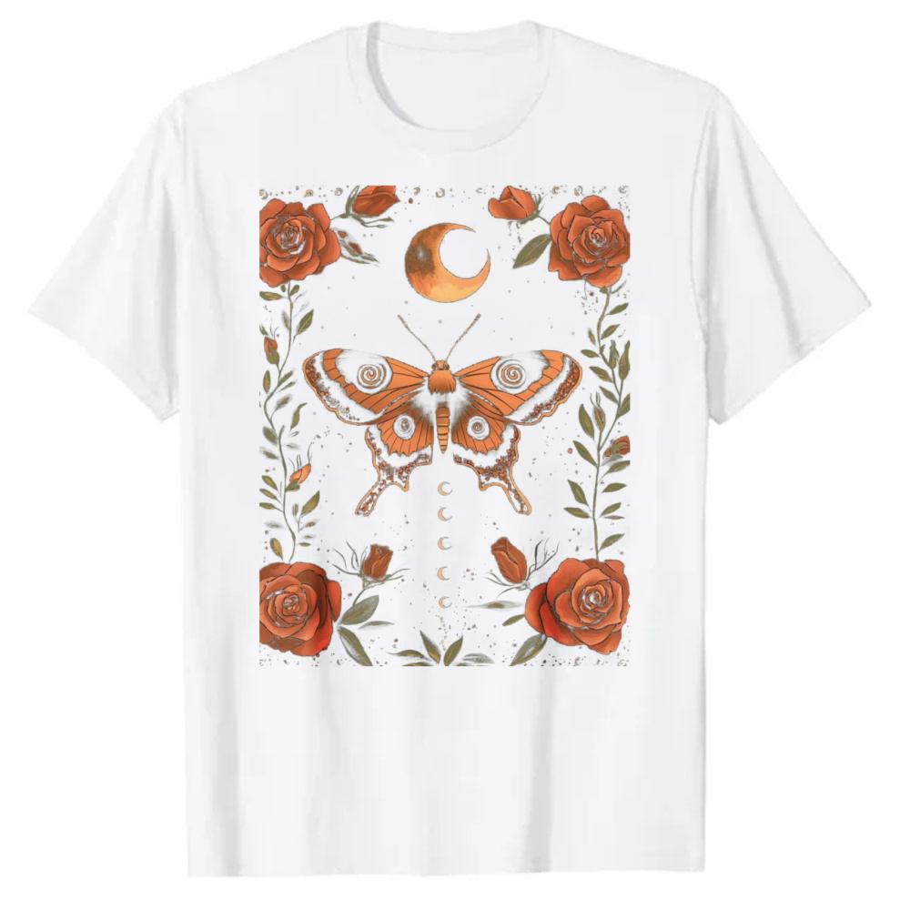 Oversized Black Crew Neck Short Sleeve Shirt With Floral Pattern Crescent Moon Roses Moth Vintage Dark Academia Goth Occult Aest