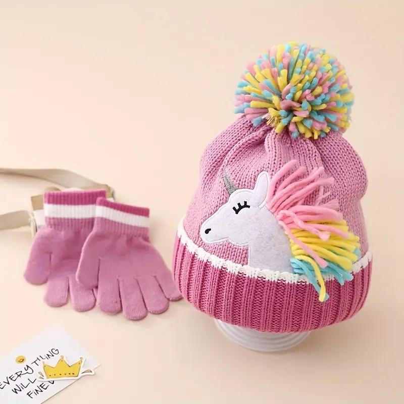 Kinder Mädchen Niedliche Einhorn Mütze Wintermütze und Handschuh Set Strickmütze Klappbare Fäustlinge Set für Kleinkind Kleine Mädchen Jungen
