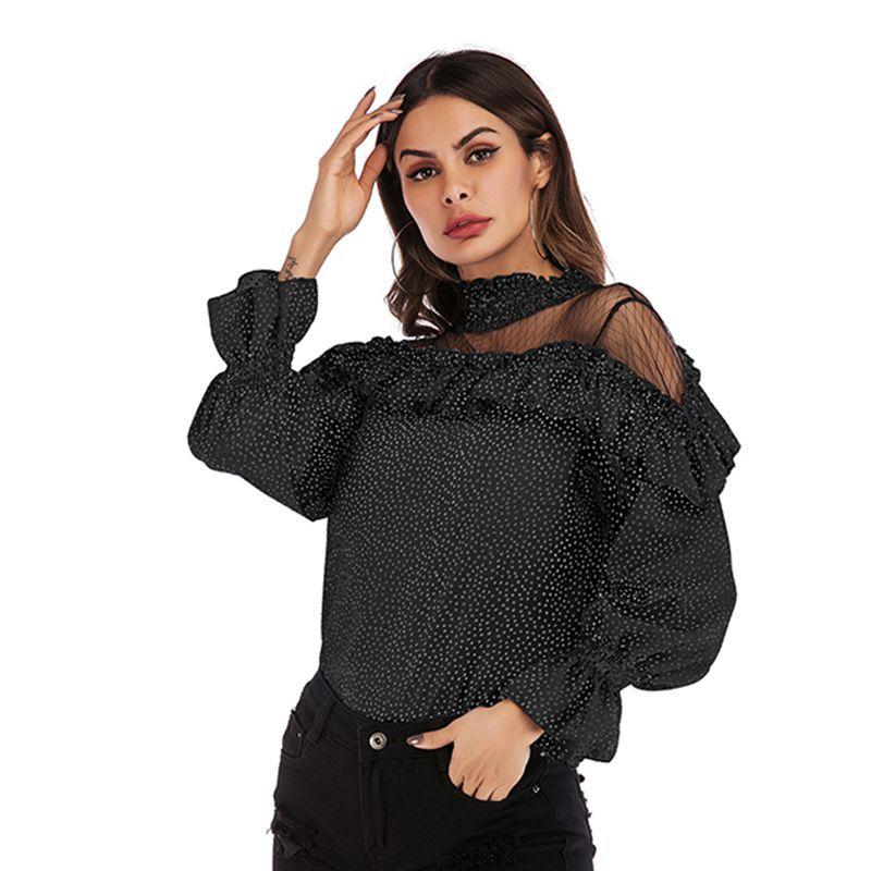 Vår og høst kvinners Chiffon Langermet Plissert Mesh Skjøting Volanger Polka Dot Chiffon Bluse Topp