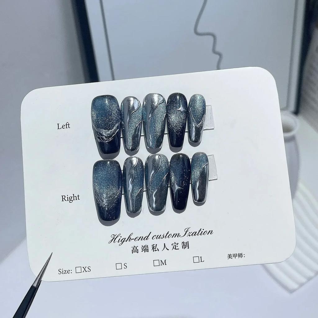 Short Blue Ocean Cat Eye Meteor Press On Nails Metallic Hand Painted Acrylic False Nails With Glue