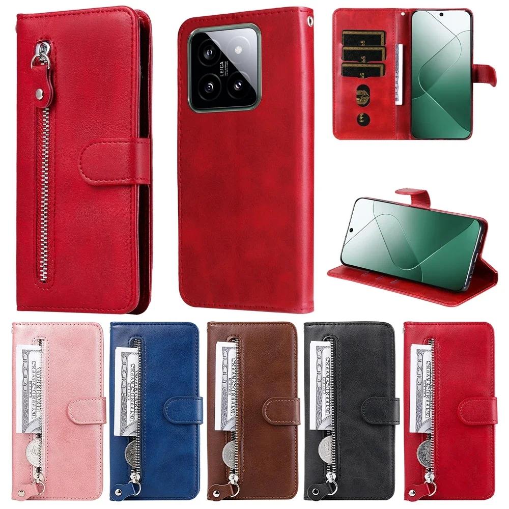 Leather Zipper Flip Wallet Case For Xiaomi 14T 14 13T 12T Redmi 14C 13C 12C Redmi Note 14 13 Pro Plus 12 Turbo 12S Phone Cover