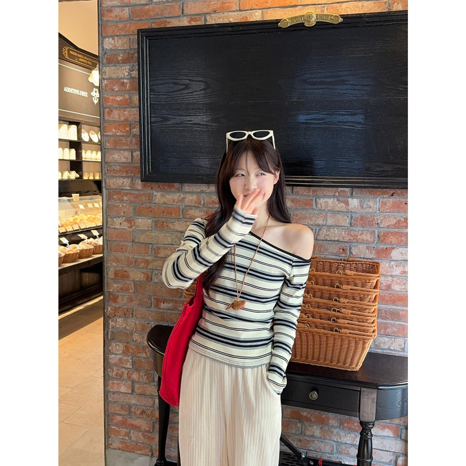 Women s Off Shoulder Long Sleeve T Shirt Striped Slim Fit Casual Fall Pullover Top S