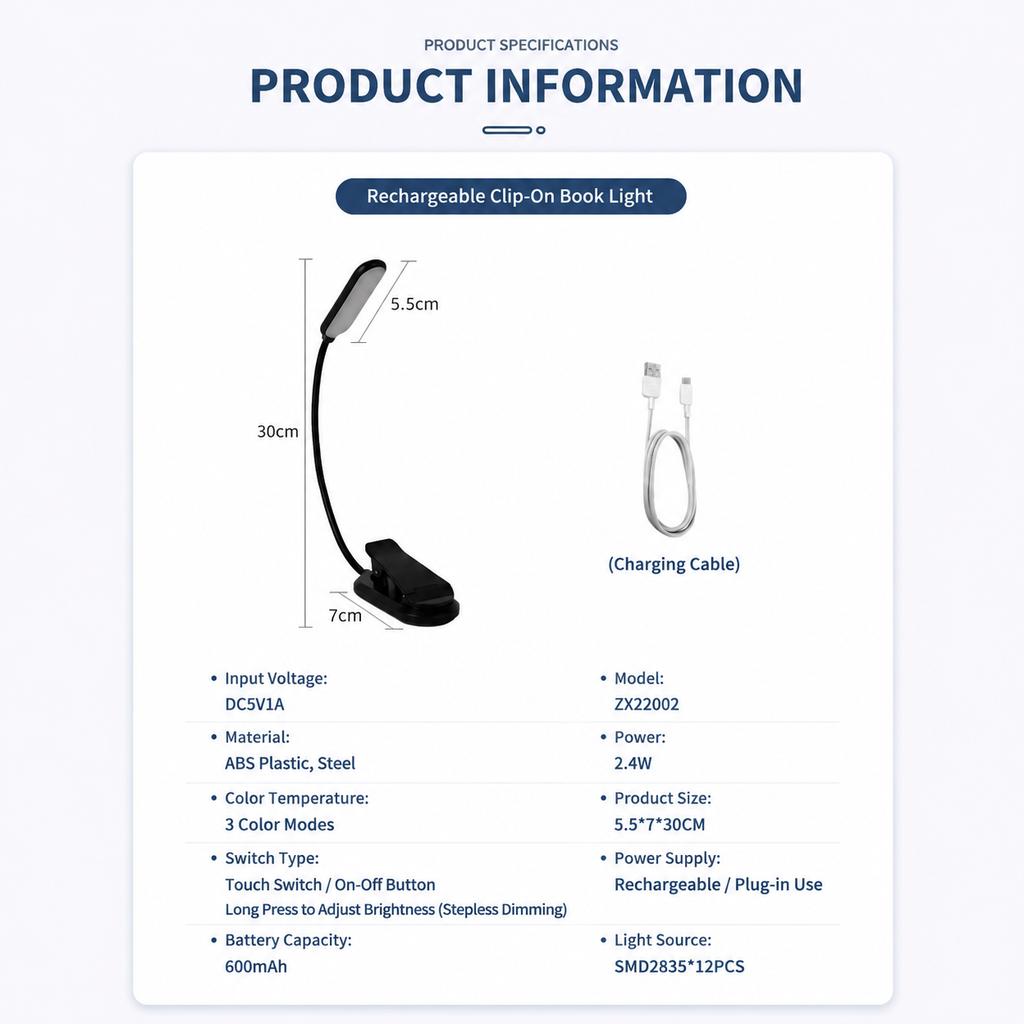 LED Desk Lamp Clip On USB Rechargeable Mini Reading Light for Students Study
